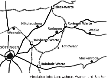 Karte der mittelalterlichen Landwehren, Warten und Straßen um Göttingen mit der Roringer Warte