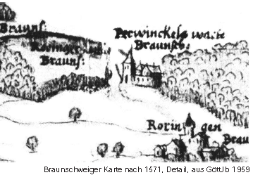 Ausschnitt aus der Braunschweiger Karte nach 1571 mit Roringen und der Warte