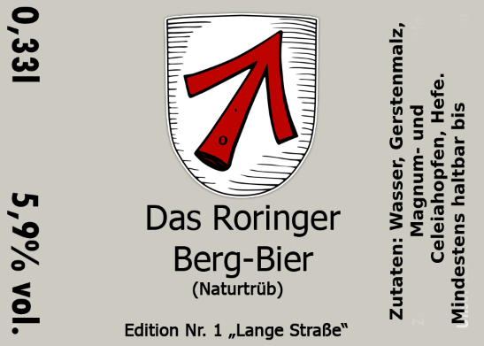 Etikett Das Roringer Berg-Bier, Edition Nr. 1 „Lange Straße“, naturtrüb, 5,9 % vol.