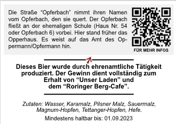 Rückseiten-Etikett Edition Nr. 2 mit Text zur Straße Opferbach und den Zutaten