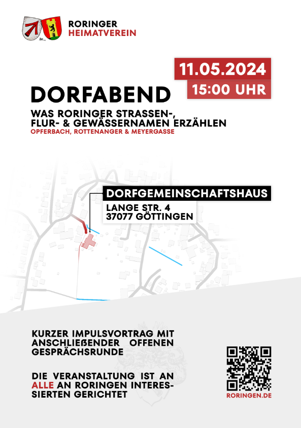 Plakat Dorfabend am 11.05.2024: Was Roringer Straßen-, Flur- und Gewässernamen erzählen