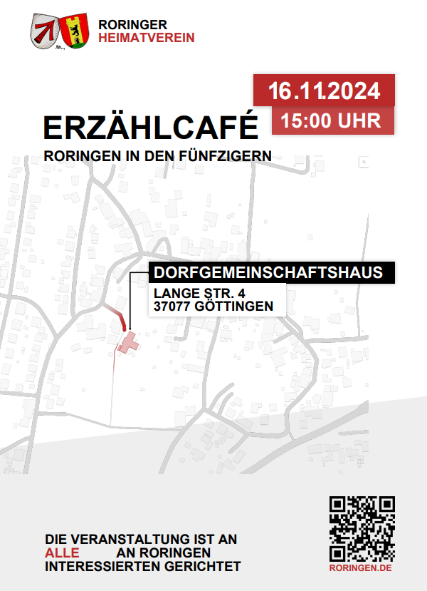 Plakat Erzählcafé am 16.11.2024: Roringen in den Fünfzigern, Dorfgemeinschaftshaus