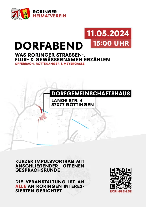 Plakat Dorfabend am 11.05.2024: Was Roringer Straßen-, Flur- und Gewässernamen erzählen