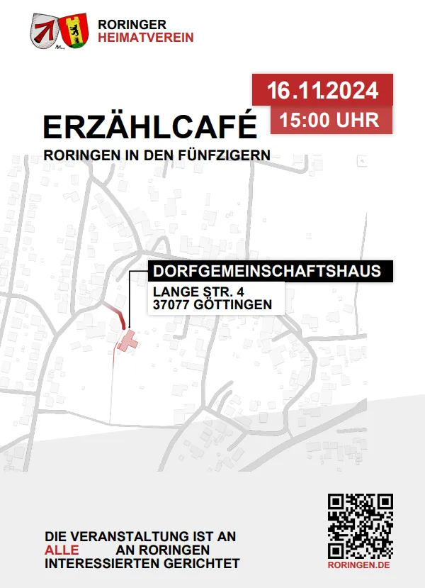 Plakat Erzählcafé am 16.11.2024: Roringen in den Fünfzigern, Dorfgemeinschaftshaus