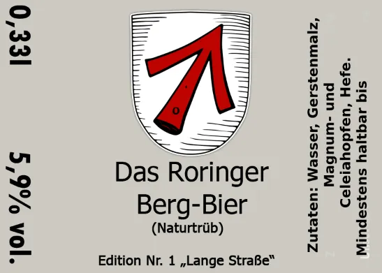 Etikett Das Roringer Berg-Bier, Edition Nr. 1 „Lange Straße“, naturtrüb, 5,9 % vol.