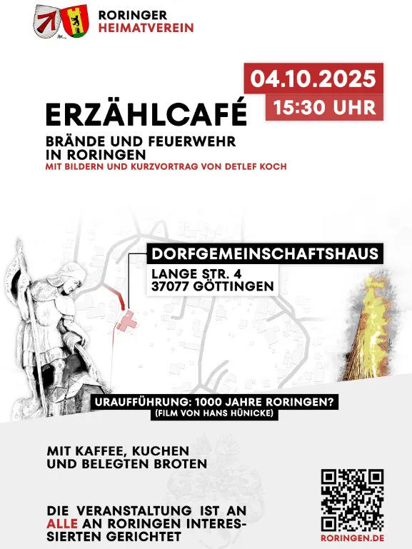 Plakat Erzählcafé am 04.10.2025: Brände und Feuerwehr in Roringen, Dorfgemeinschaftshaus